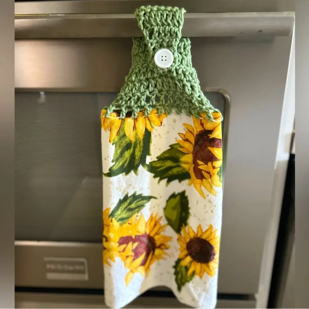 Hand Crafted Colorful Sunflowers Hanging Hand Towel Crochet Top Button Closure